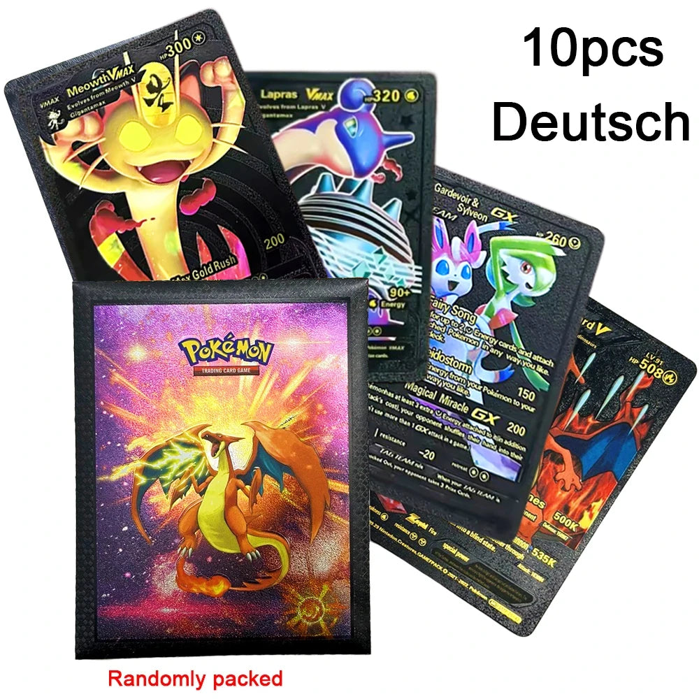 10-55Pcs Pokemon Gold Foil Cards Golden Letters English Spanish French German Game Card Metalicas Charizard Vmax Gx Series Gift