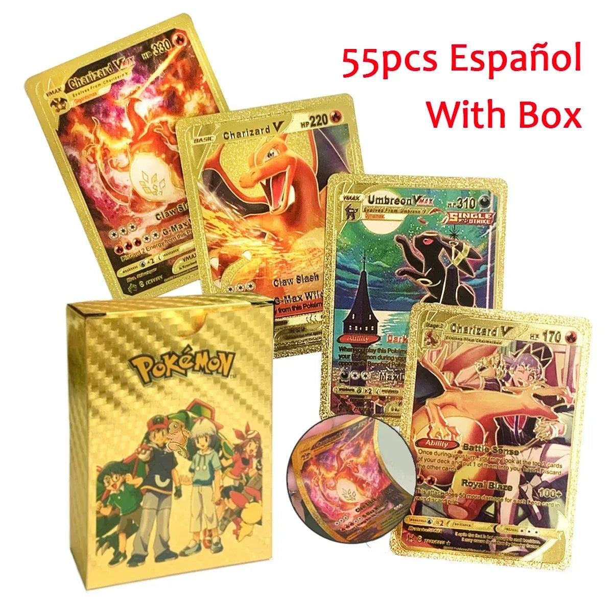 10-55Pcs Pokemon Gold Foil Cards Golden Letters English Spanish French German Game Card Metalicas Charizard Vmax Gx Series Gift
