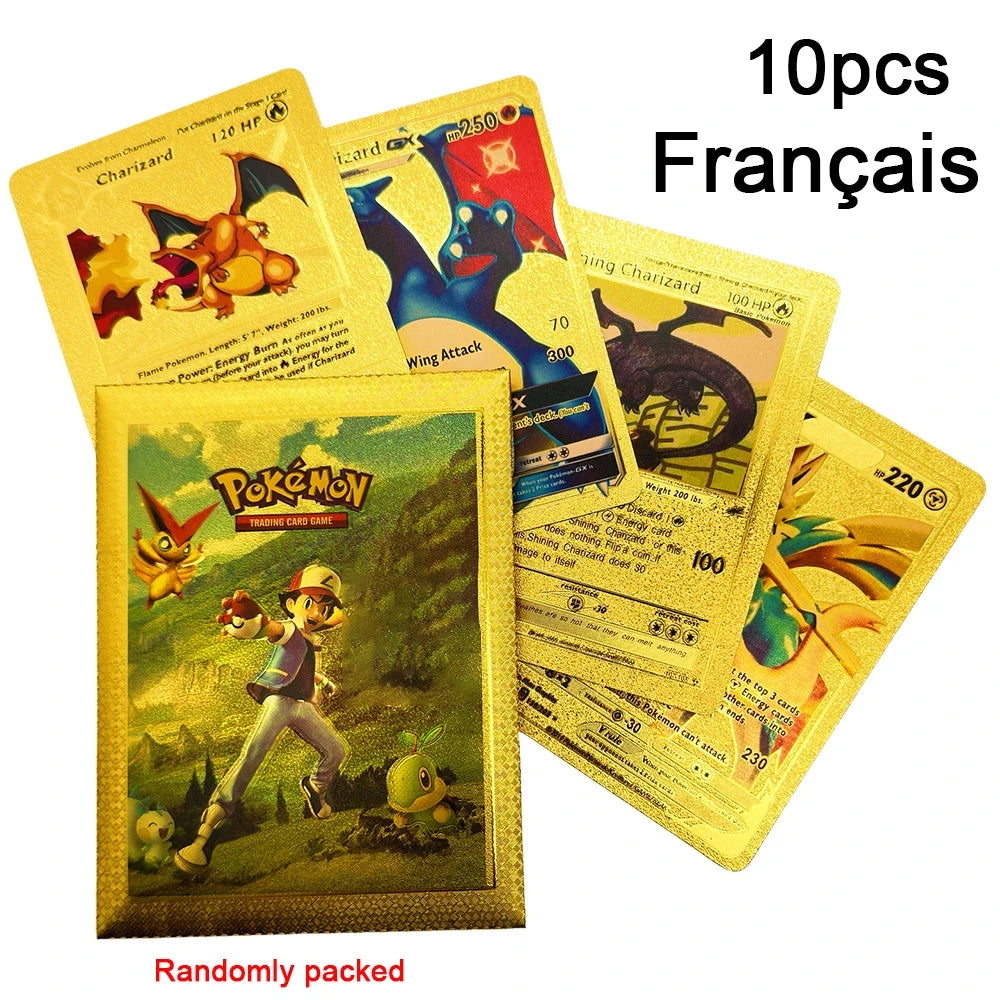 10-55Pcs Pokemon Gold Foil Cards Golden Letters English Spanish French German Game Card Metalicas Charizard Vmax Gx Series Gift