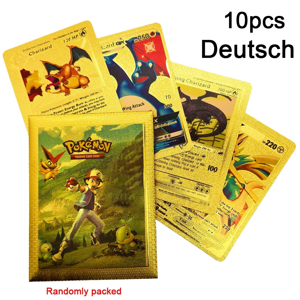 10-55Pcs Pokemon Gold Foil Cards Golden Letters English Spanish French German Game Card Metalicas Charizard Vmax Gx Series Gift