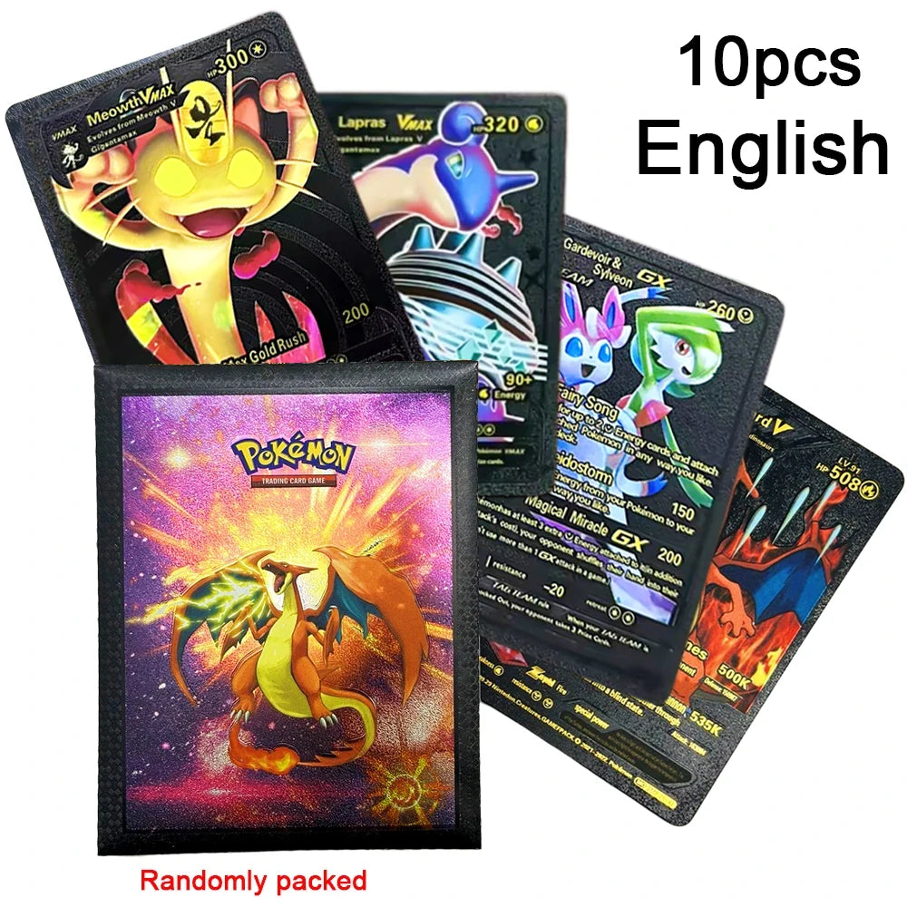 10-55Pcs Pokemon Gold Foil Cards Golden Letters English Spanish French German Game Card Metalicas Charizard Vmax Gx Series Gift