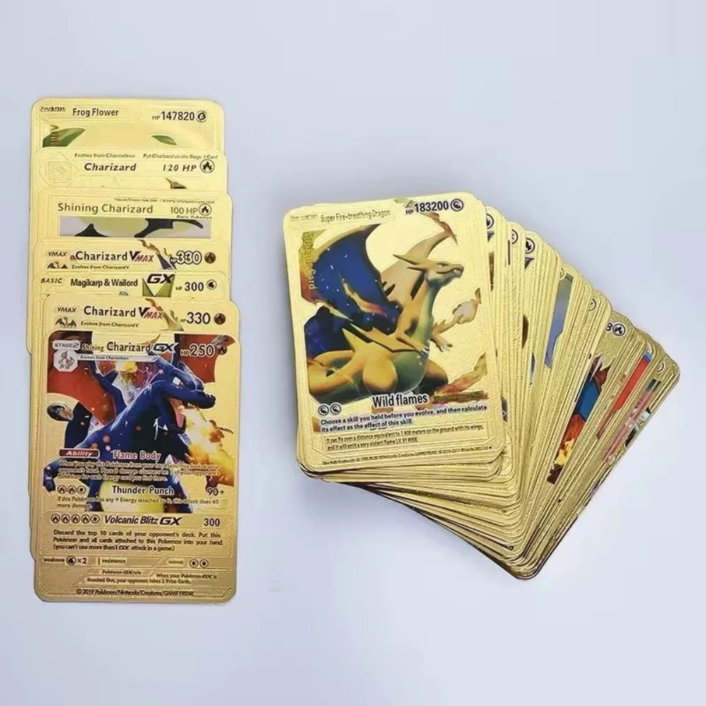 10-55Pcs Pokemon Gold Foil Cards Golden Letters English Spanish French German Game Card Metalicas Charizard Vmax Gx Series Gift