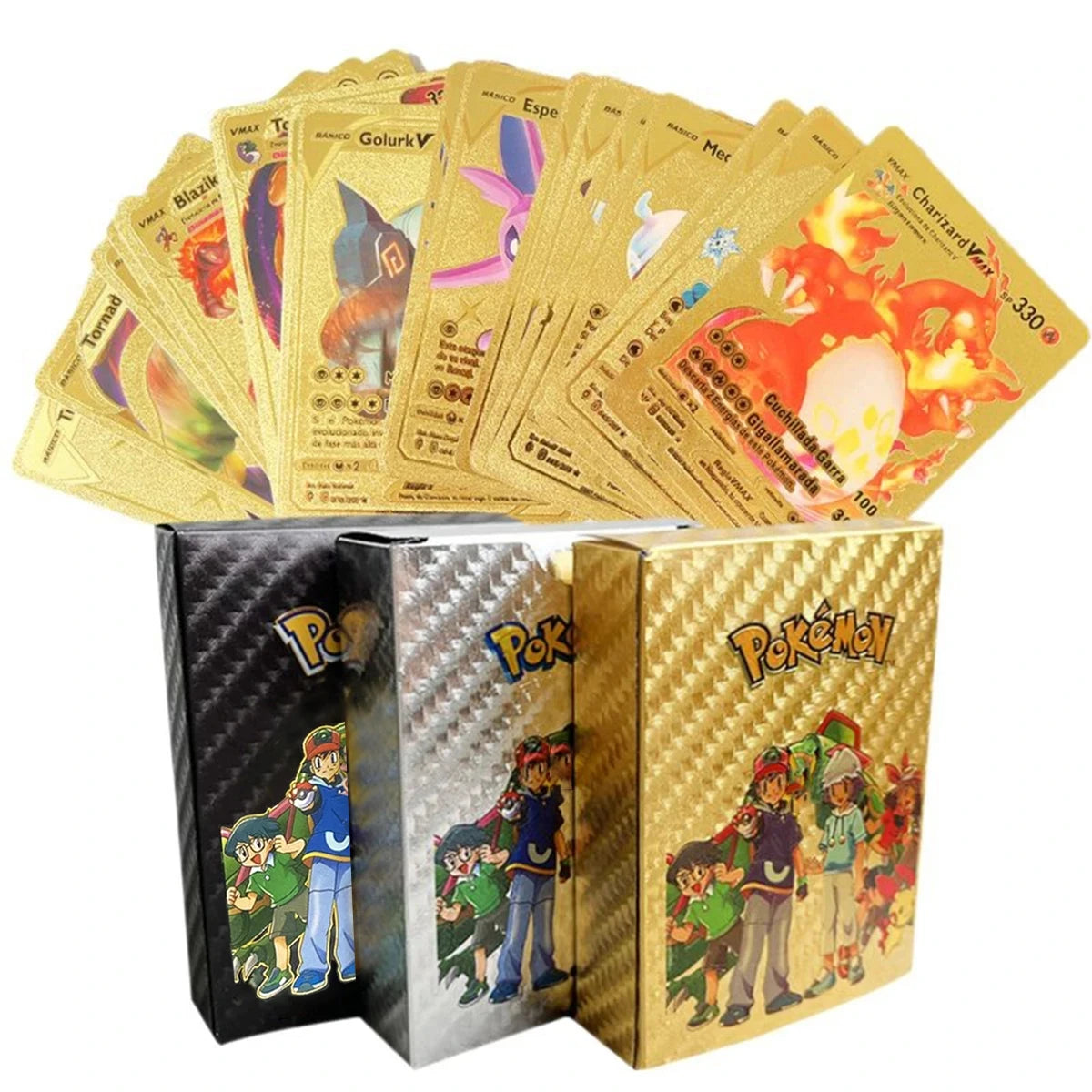 10-55Pcs Pokemon Gold Foil Cards Golden Letters English Spanish French German Game Card Metalicas Charizard Vmax Gx Series Gift