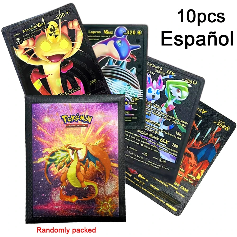 10-55Pcs Pokemon Gold Foil Cards Golden Letters English Spanish French German Game Card Metalicas Charizard Vmax Gx Series Gift