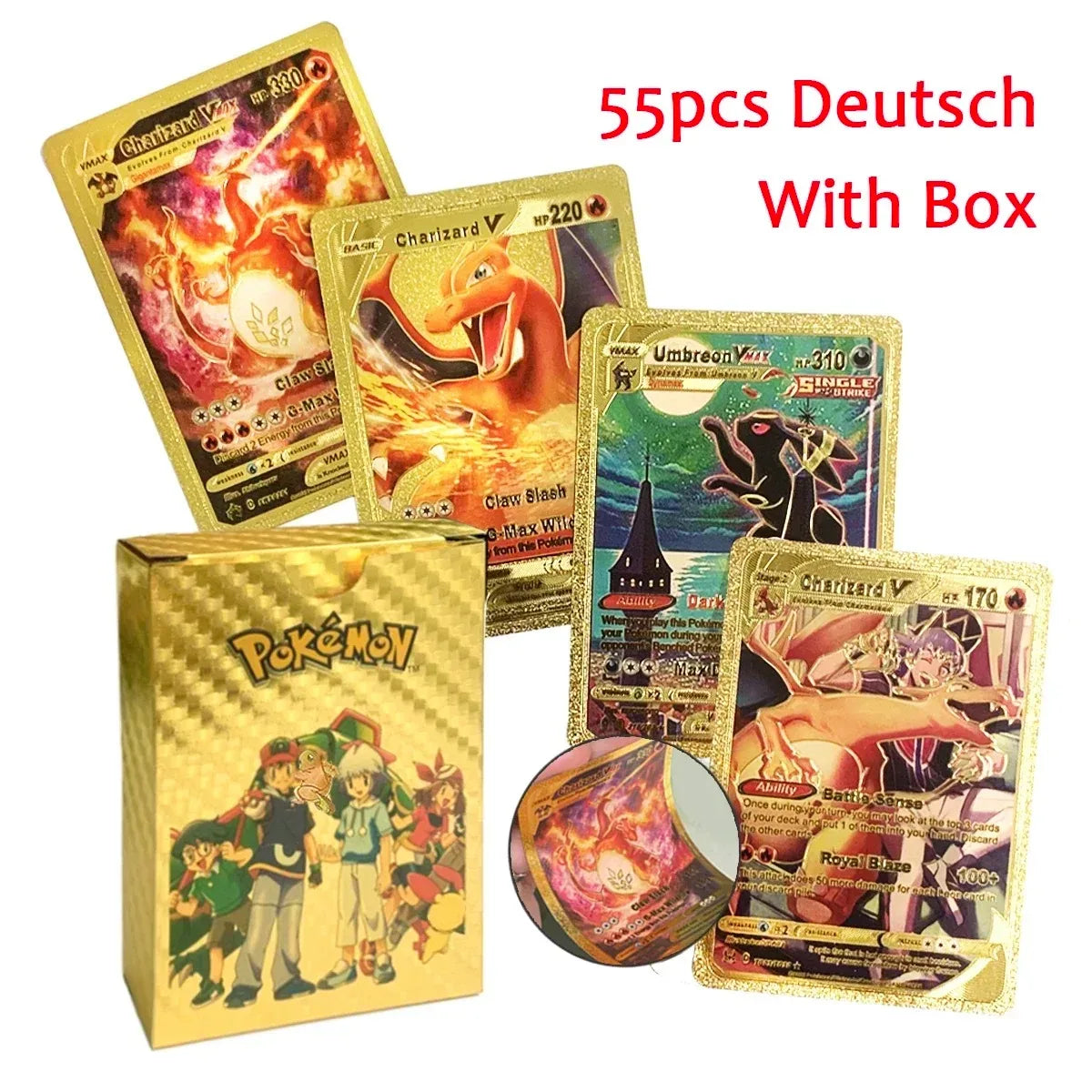 10-55Pcs Pokemon Gold Foil Cards Golden Letters English Spanish French German Game Card Metalicas Charizard Vmax Gx Series Gift